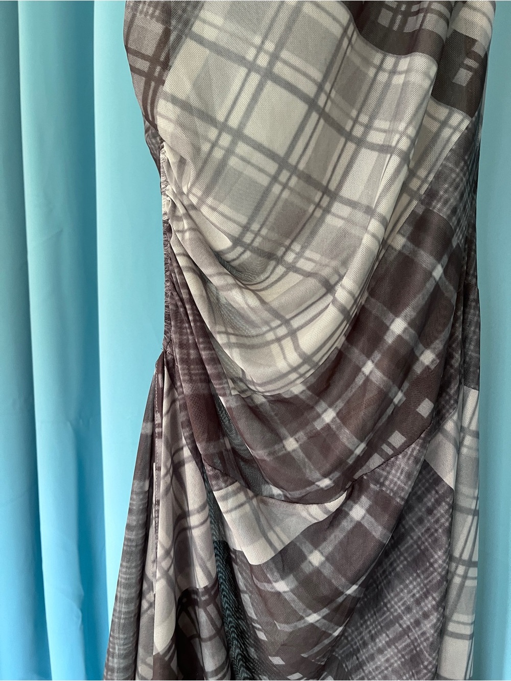 Plaid Mesh Assymetrical Midi Dress with Ruching - Women's Large - Picture 3 of 4